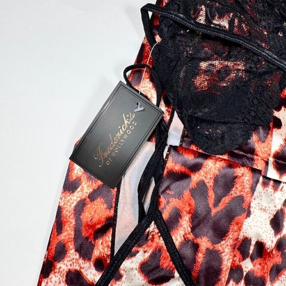 NWT Fredericks of Hollywood Satin Maxi Gown Sz.S Leopard Print Black Lace Sheer - Picture 9 of 10